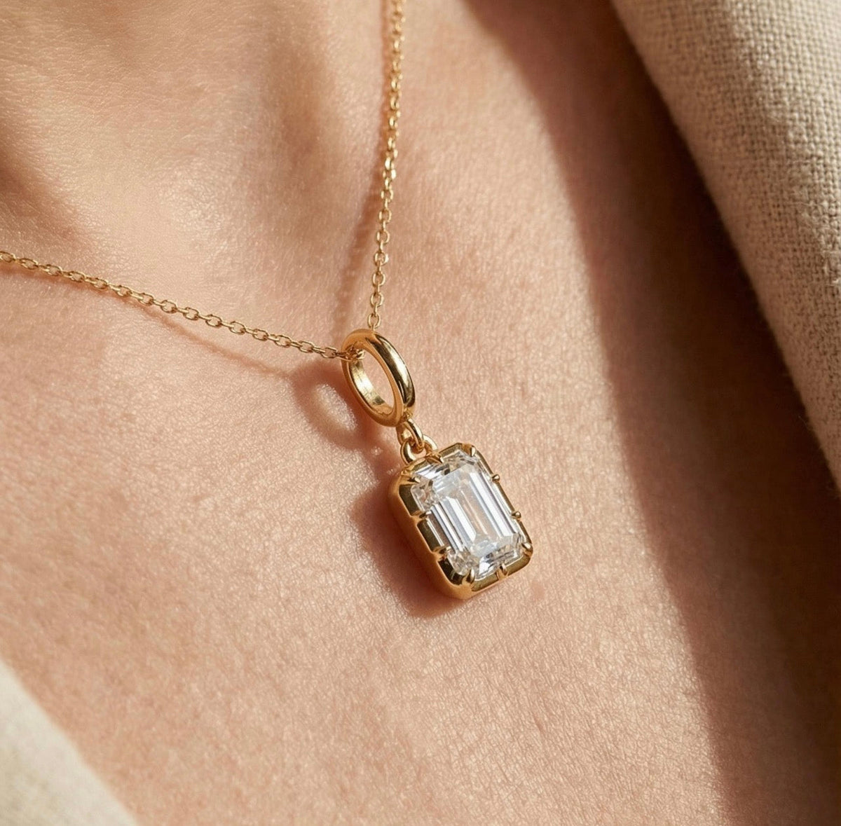 Emerald Cut Bezel Prong Set Charm Pendant