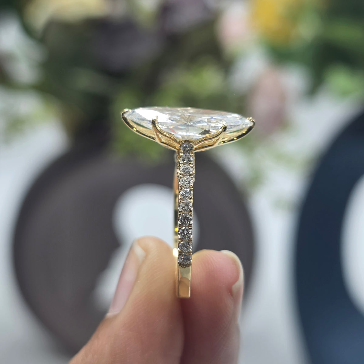 4.50CT MARQUISE TULIP BASKET SET PAVE EURO SHAKBAND LAB GROWN DIAMOND RING