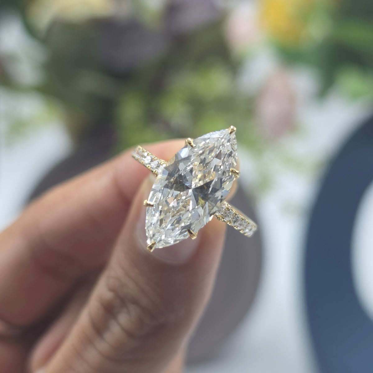 4.50CT MARQUISE TULIP BASKET SET PAVE EURO SHAKBAND LAB GROWN DIAMOND RING