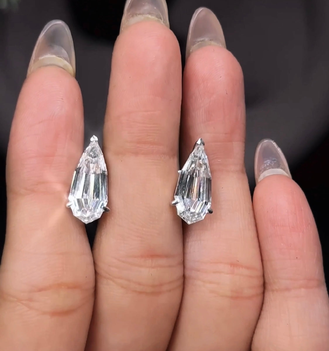 3.20 + 3.22CT LONG STEPCUT PEAR DIAMOND STUD  SET MARTINI SETTING 3 PRONGS