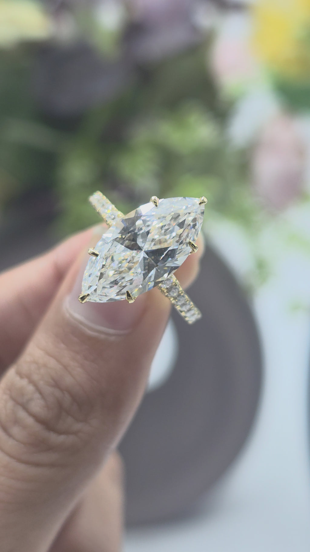 4.50CT MARQUISE TULIP BASKET SET PAVE EURO SHAKBAND LAB GROWN DIAMOND RING